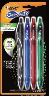 Pen Bic Gelocity Quick Dry Full Length Grip 4 Pack Assorted