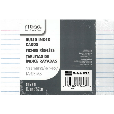 Index Cards 4" X 6" Ruled White 50pk