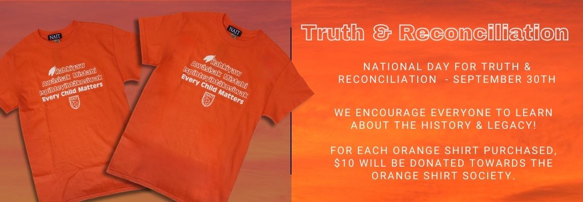 Truth and Reconciliation banner featuring two orange shirts for Orange Shirt Day